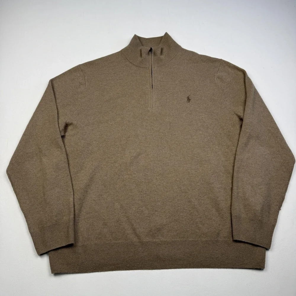Polo By Ralph Lauren Sweater Mens XL Brown Wool 1/4 Zip Mock Neck Knit Pullover